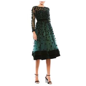Mac Duggal Floral Appliqué Tea length Dress green emerald sz 10